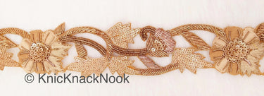 Cutwork Lace Trim Hand Embroidered In Brown & Gold Flowers Zardozi Embroidery, Gold Sequins and Gold Beads, Floral Trim